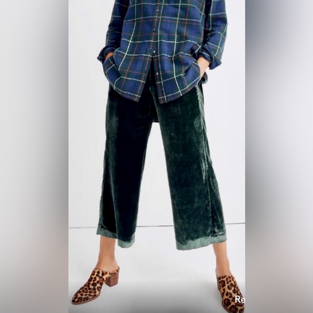 Madewell Forest Green Crushed Velvet Cropped Wide Leg Pants Size Small